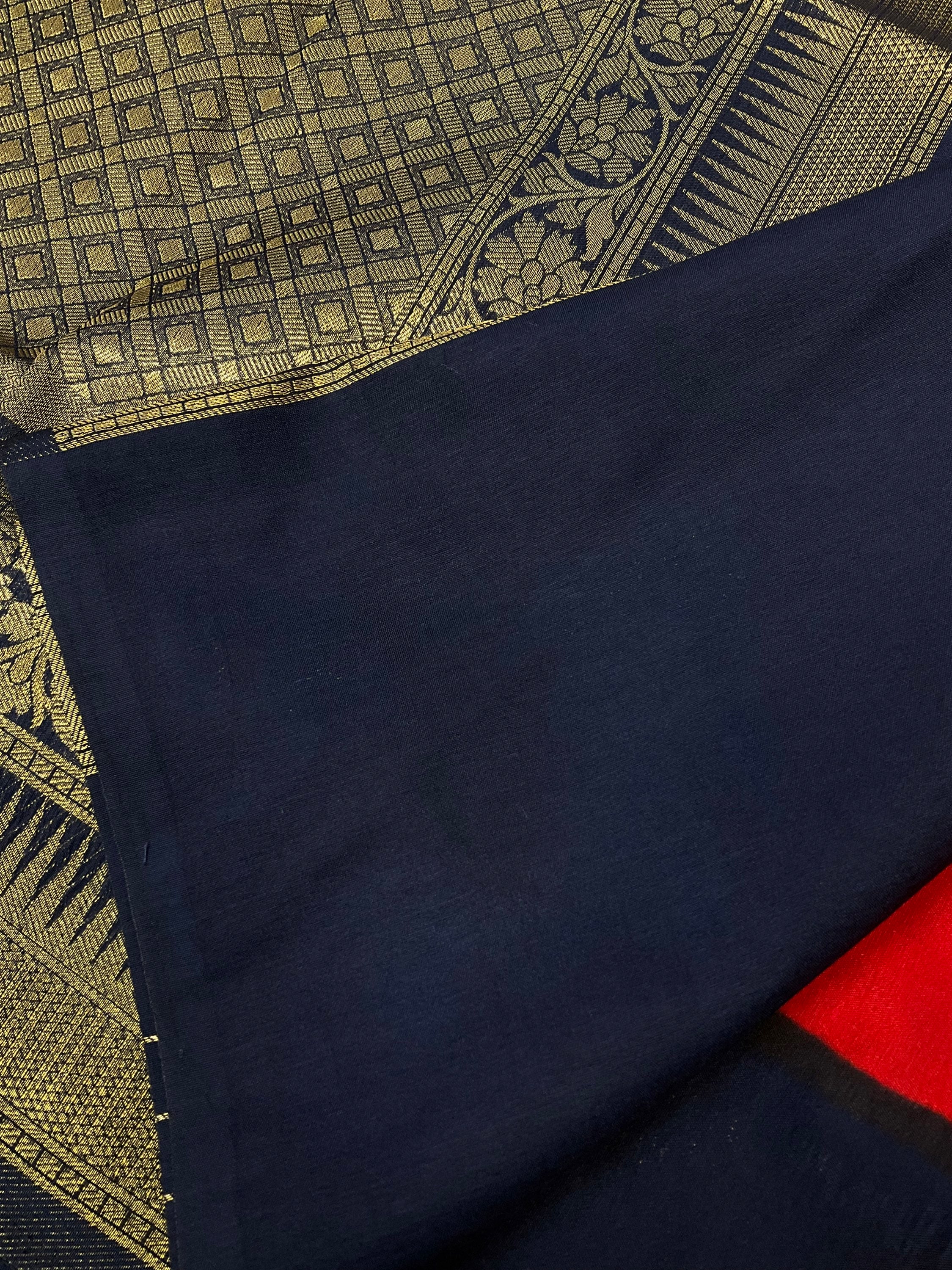 Red soft silk saree with jacquard design and navy blue border and pallu image 7