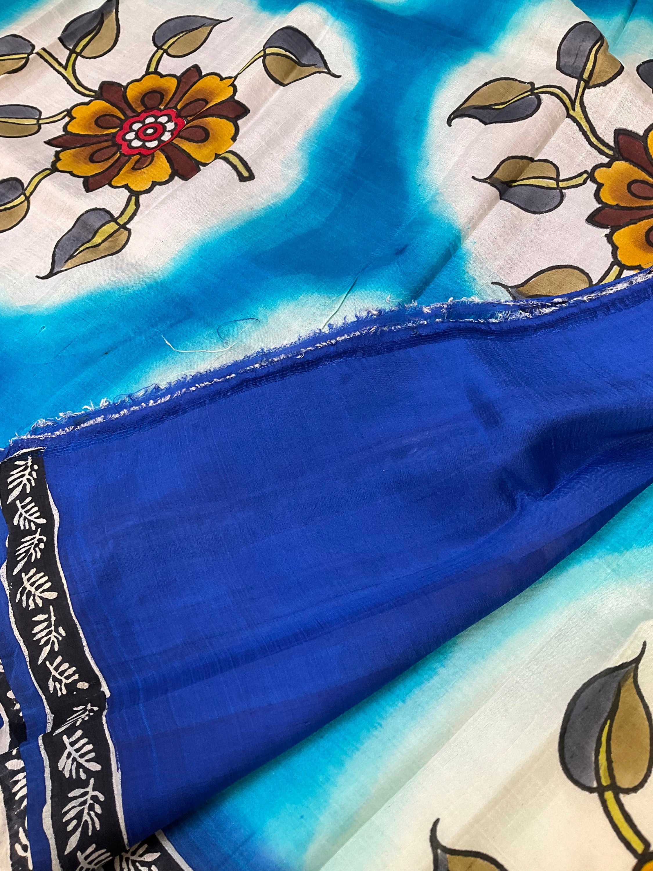 Blue paper silk saree with Floral print image 2