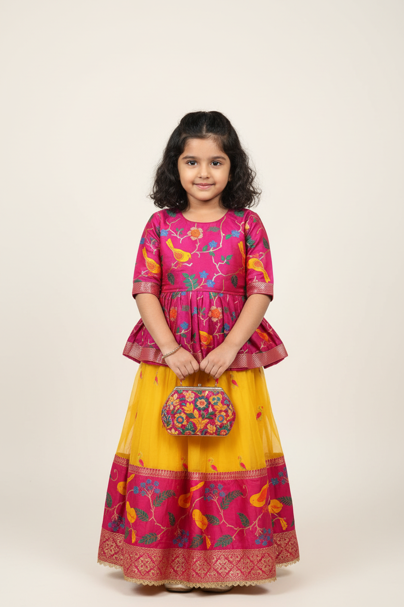 Girls Lehenga Set with Bird Design