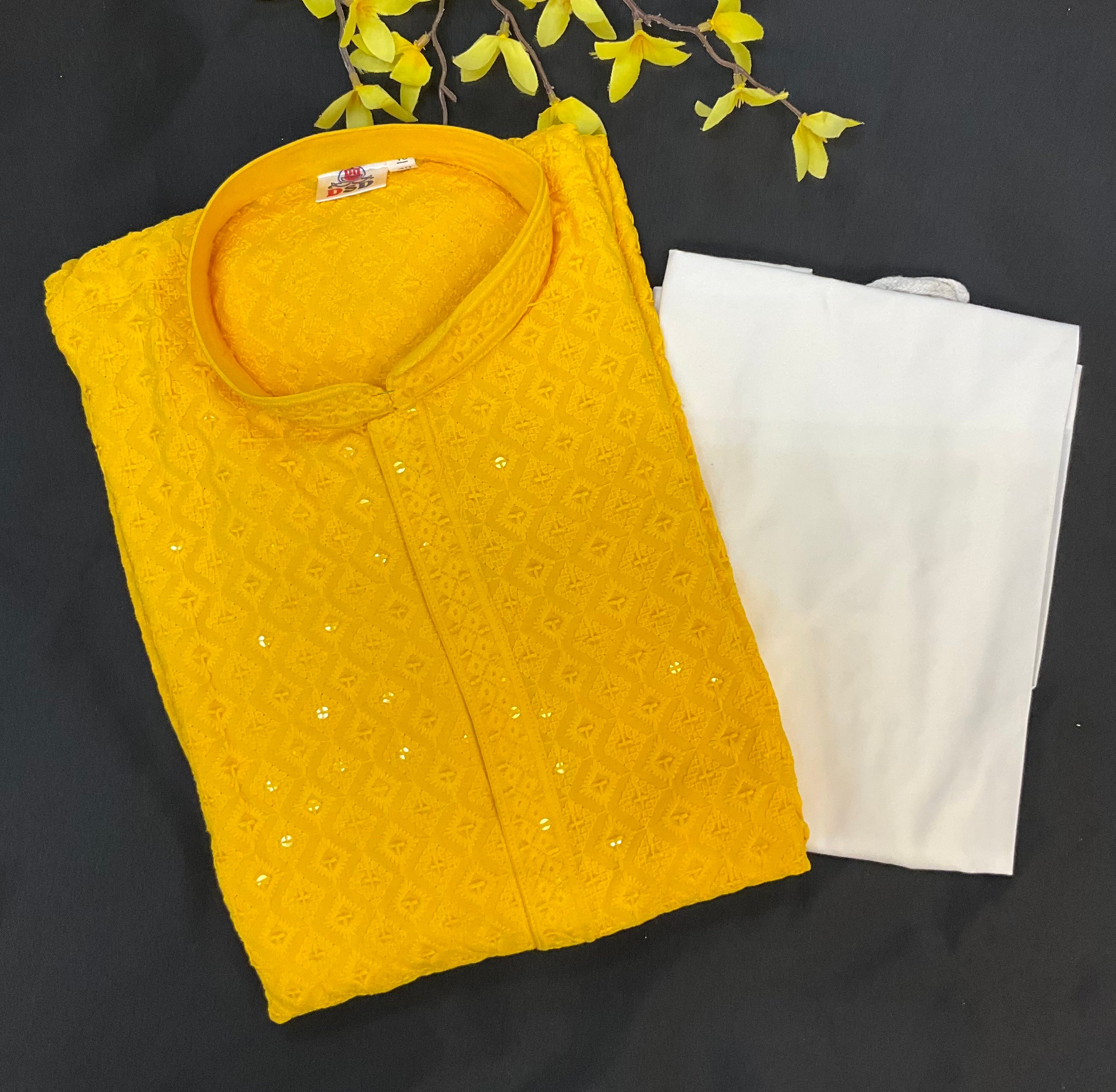 Mens Wear - Yellow Chikankari Rayon Kurta sets- Size 40/44