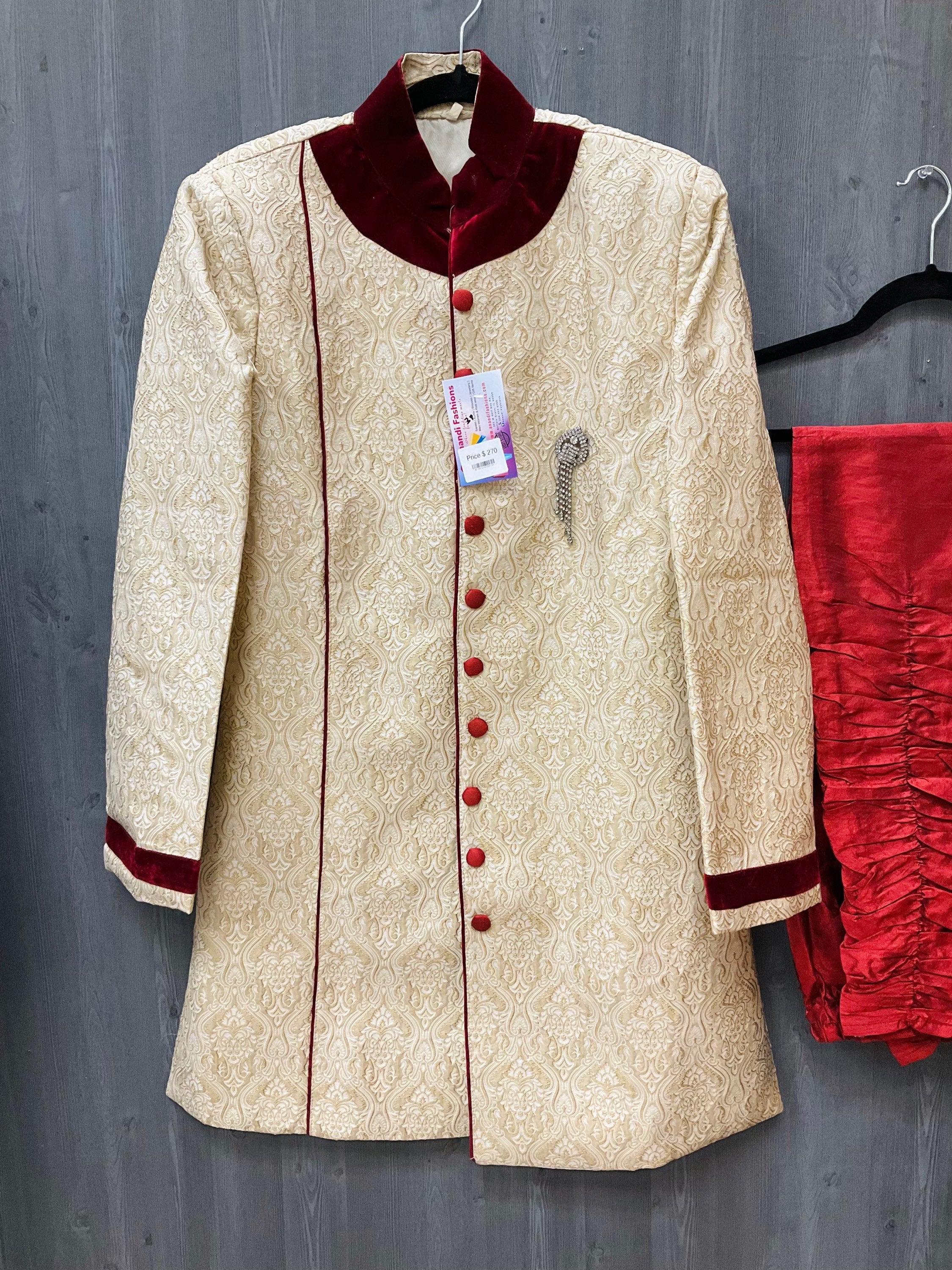 Wedding Mens Sherwani - A Stunning Wedding Sherwani in Cream Kurta Red Pant image 1