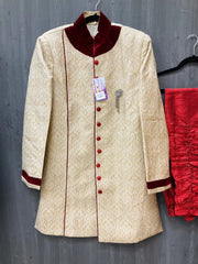 Wedding Mens Sherwani - A Stunning Wedding Sherwani in Cream Kurta Red Pant