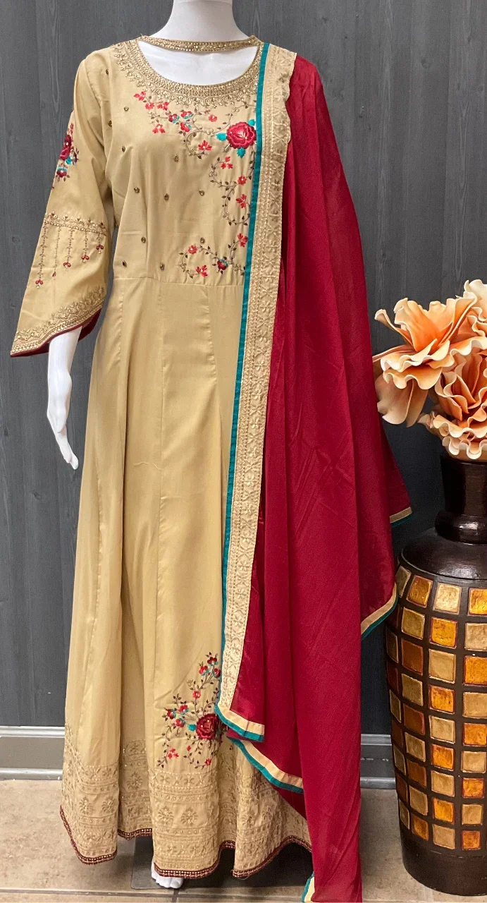 Party Wear Long Dress Size 42 - Embroidery Work with Satin Silk Dupatta