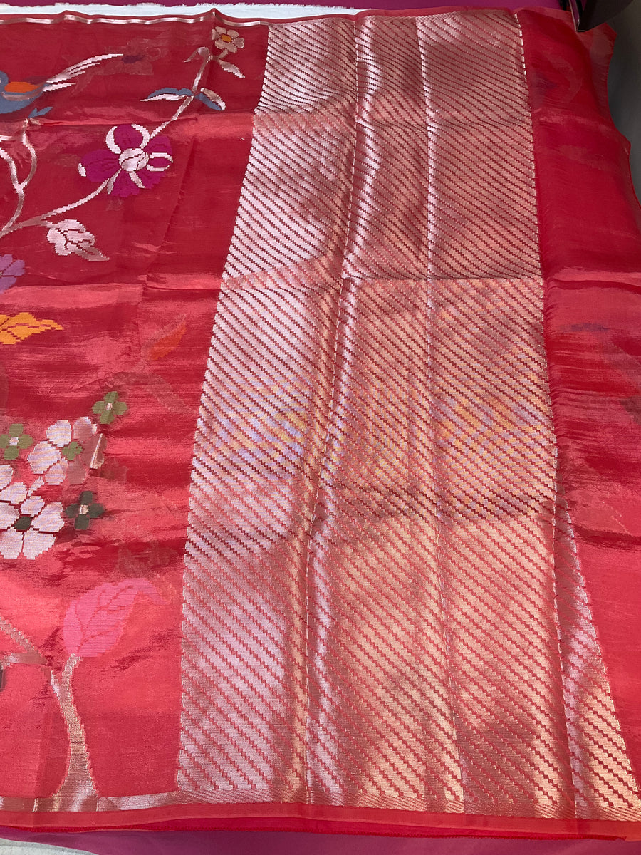 Peach color Paper Silk Saree with stitched blouse