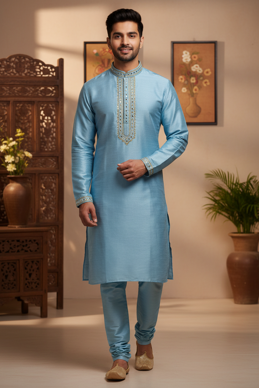 Men Kurta Pajama - Maroon and Blue Mens kurta Set