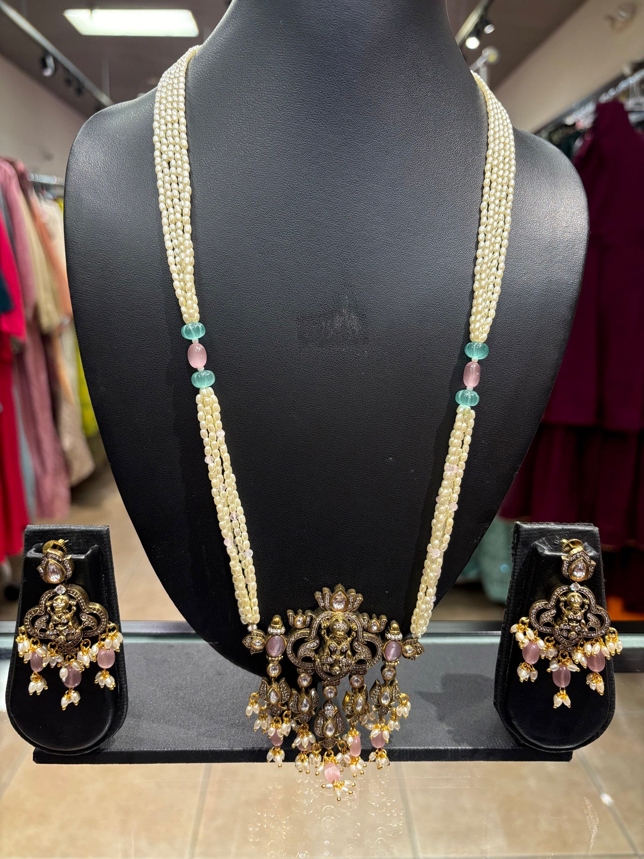 Pearl Long Necklace set with Goddess Lakshmi Pendant set image 3