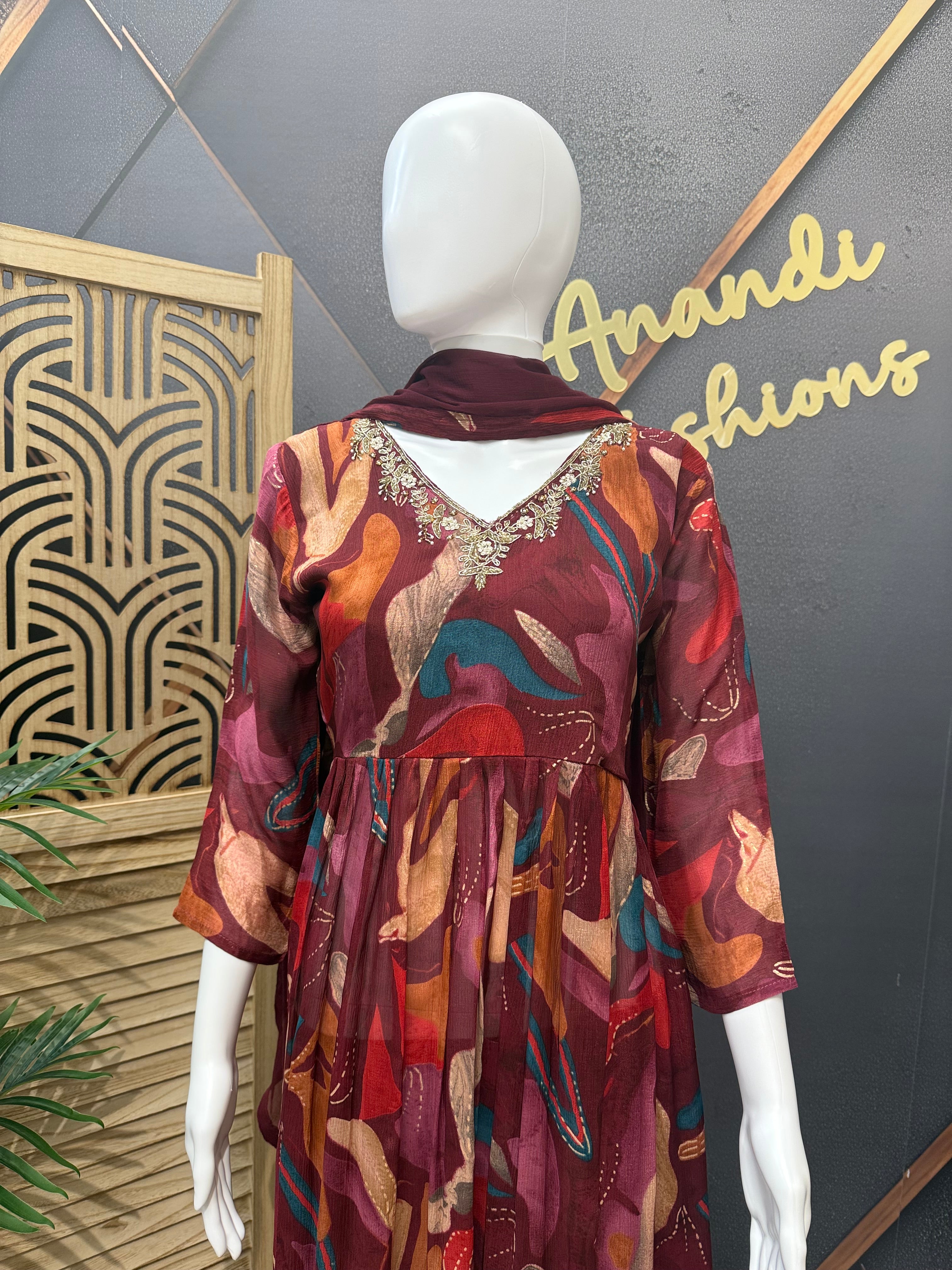 Maroon color - Chiffon Kurti set