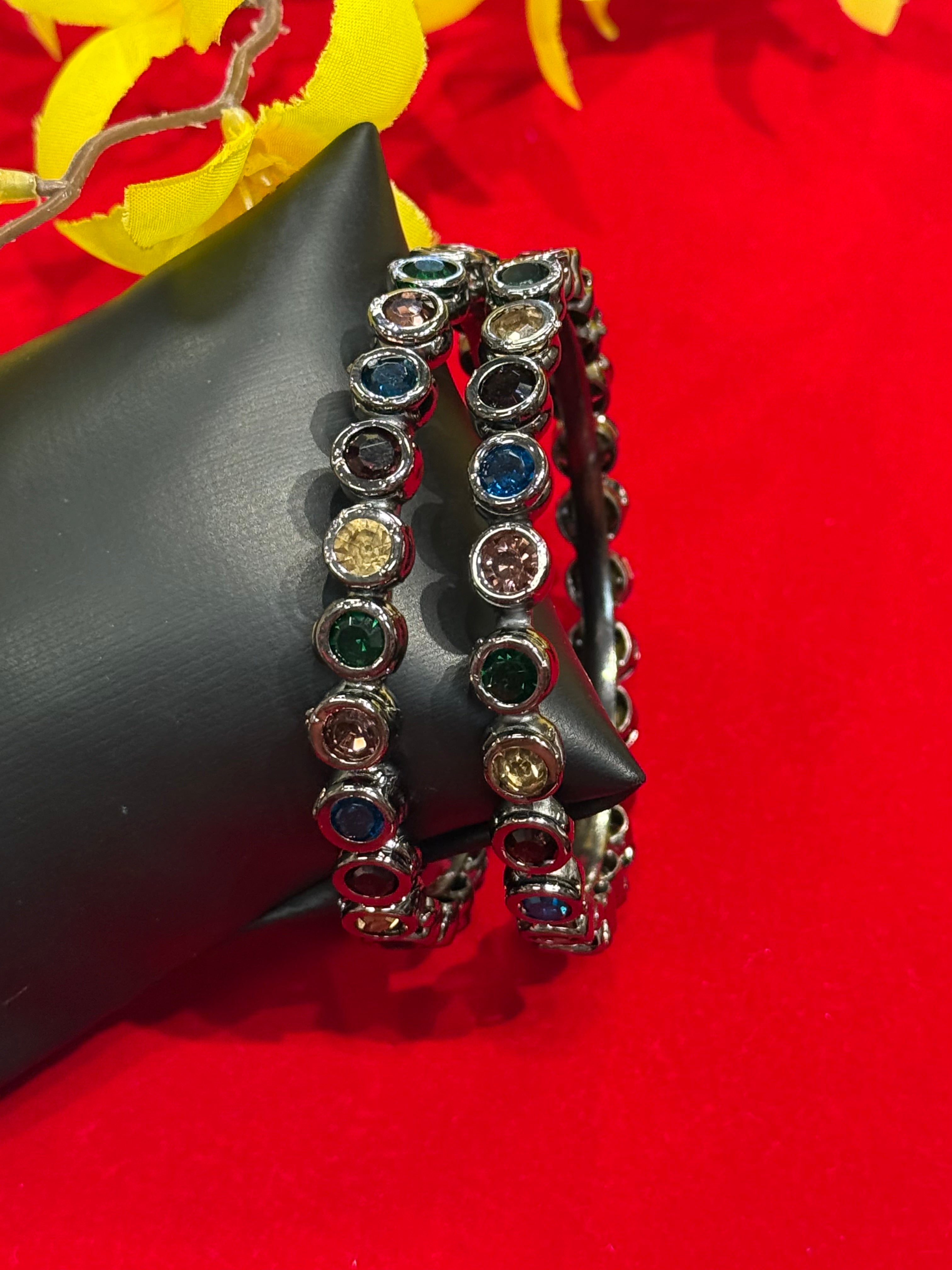 Multicolor stone - Black Metal Bangles- set of 2