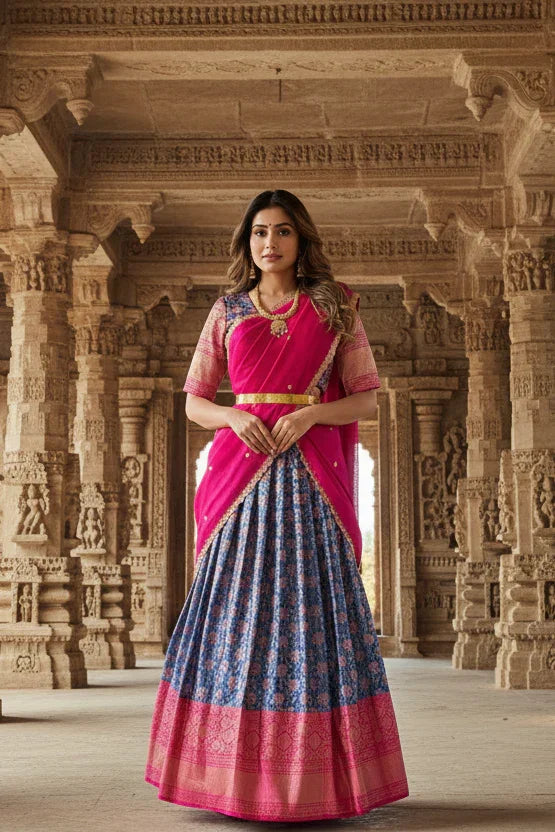 Woman in a traditional saree standing in an ancient temple with intricate architecture.