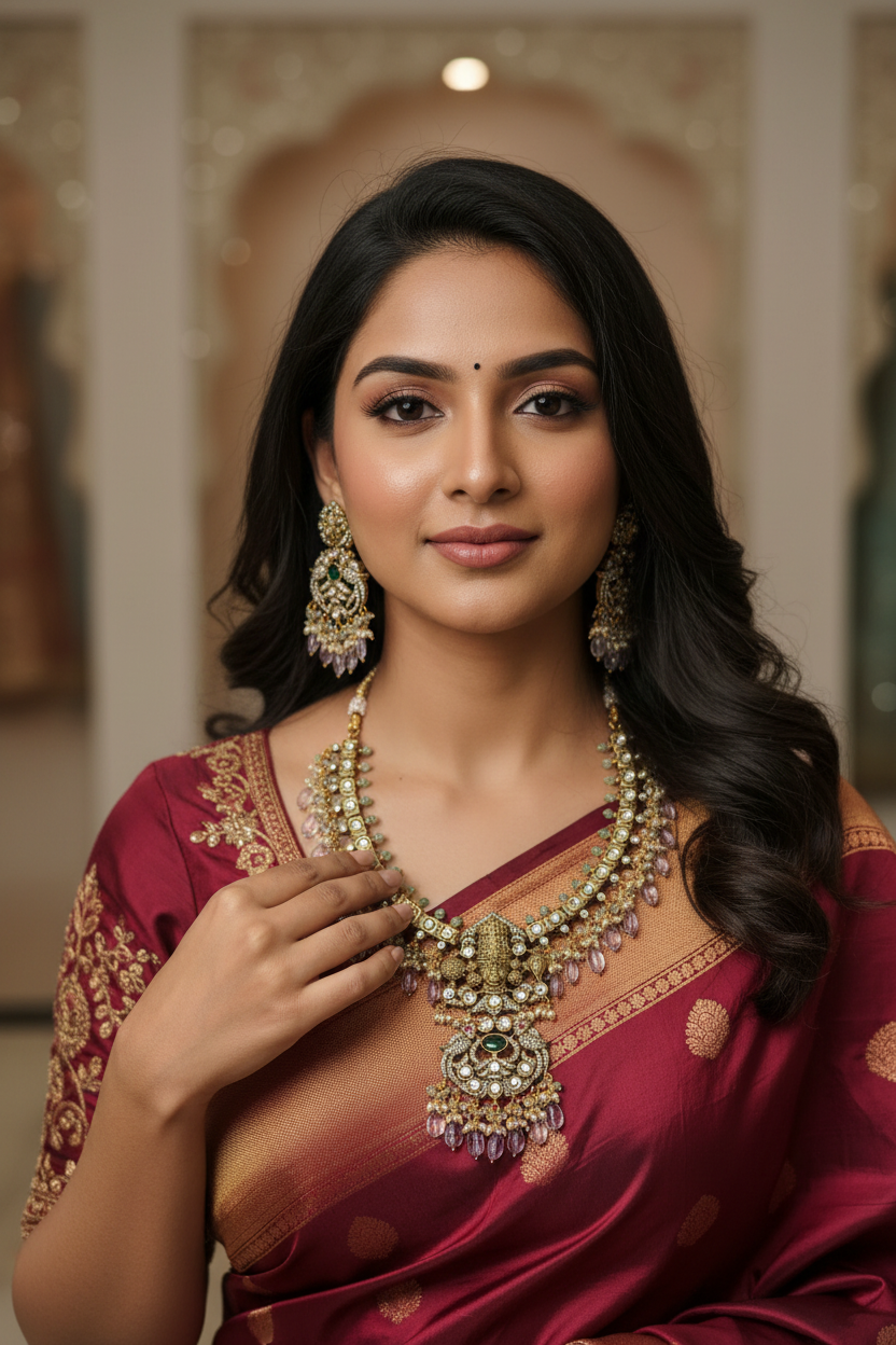 Portrait of woman in maroon and gold Indian saree with ornate gold jewelry from Anandi Fashions