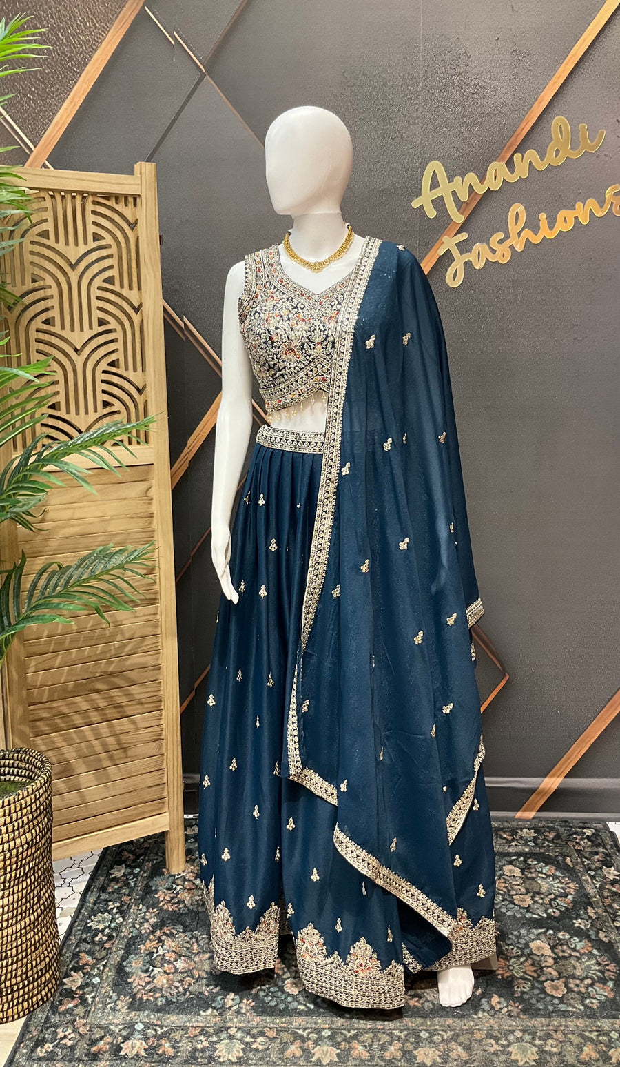 Teal Blue Party Wear Satin Silk Lehanga set