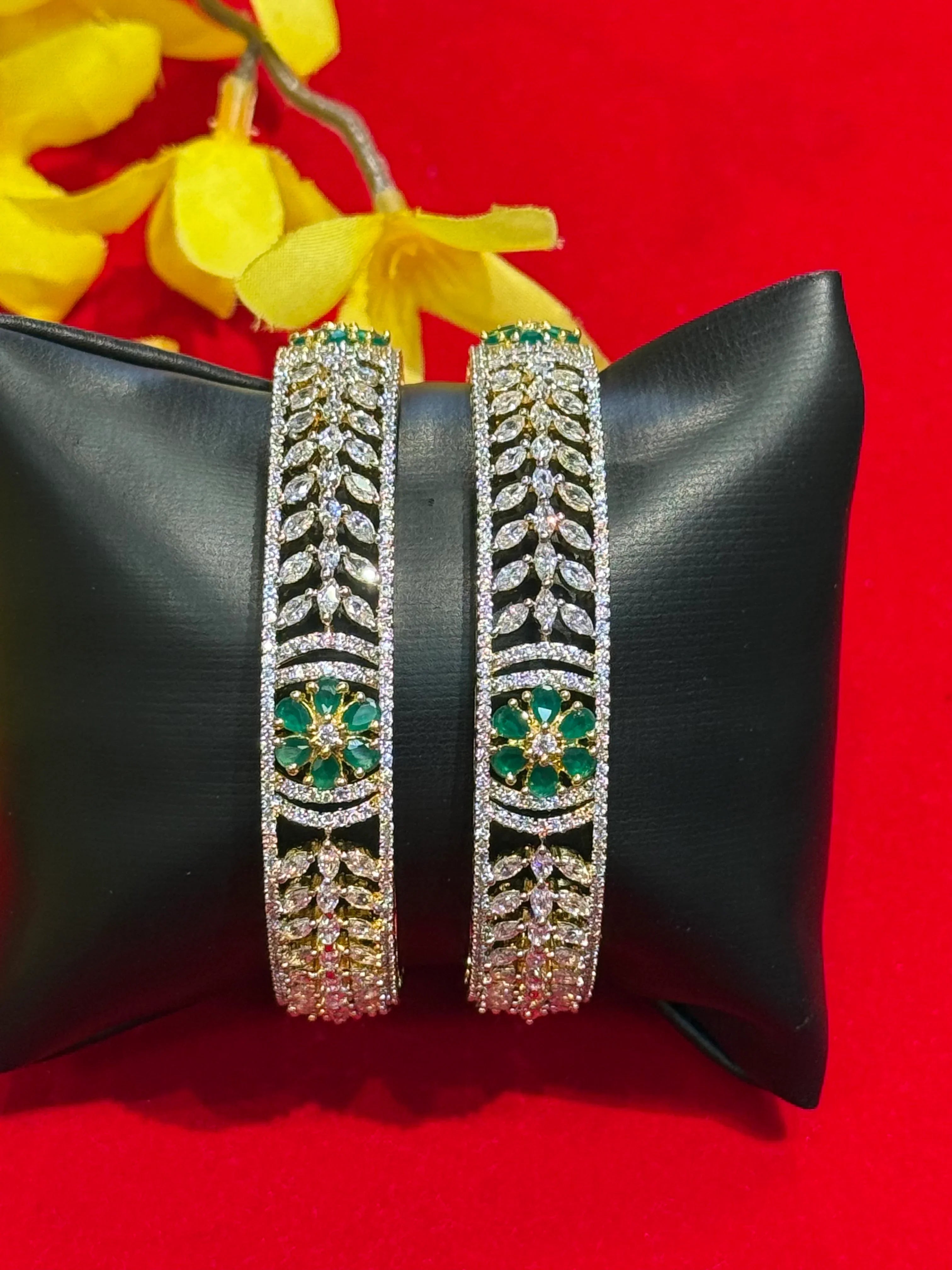 Size 2.6 Broad Bangle - Party Wear CZ Bangles Set with Flower Design (Pair)