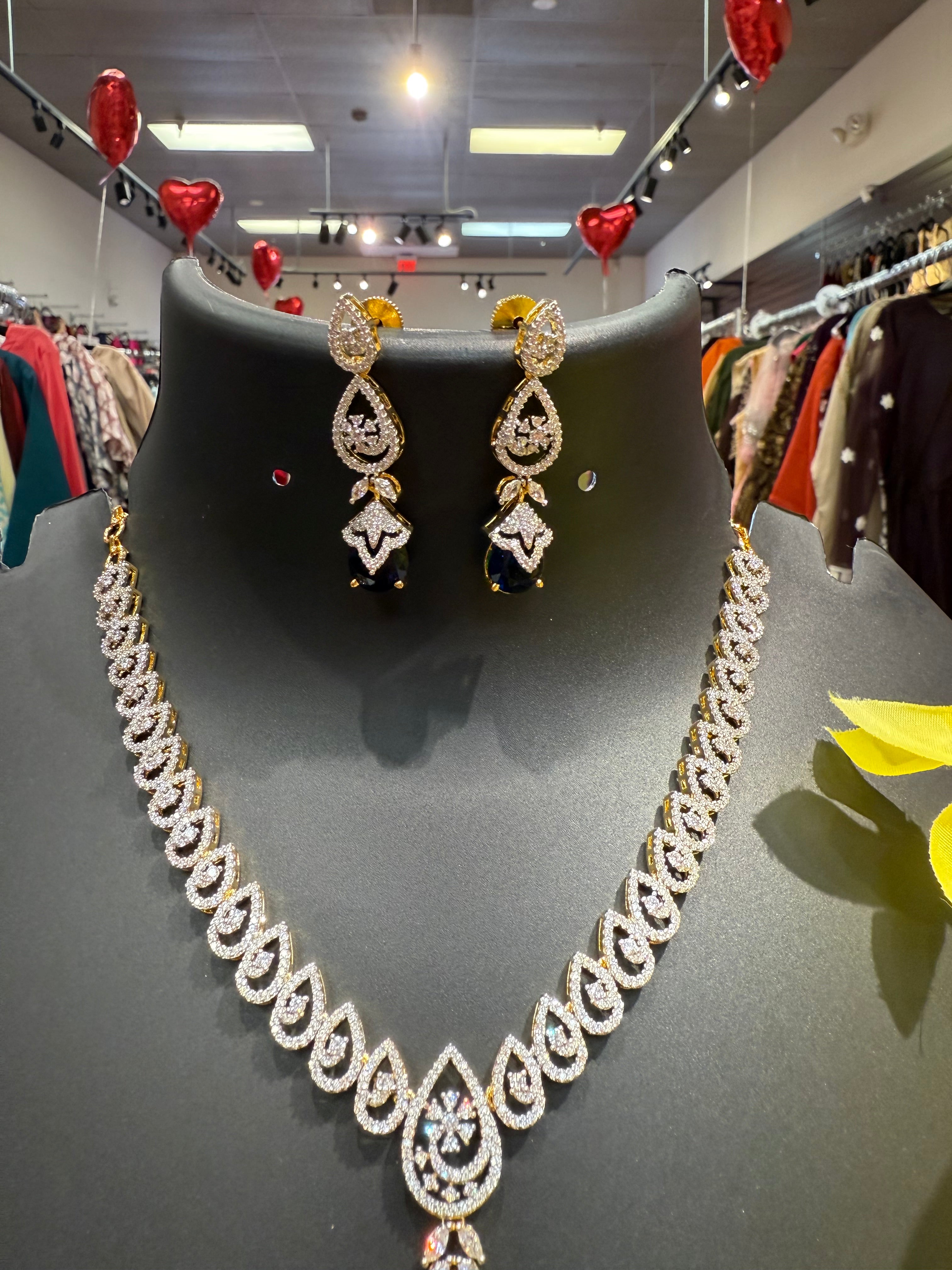 Party Wear CZ Necklace set with Drop Style pendant