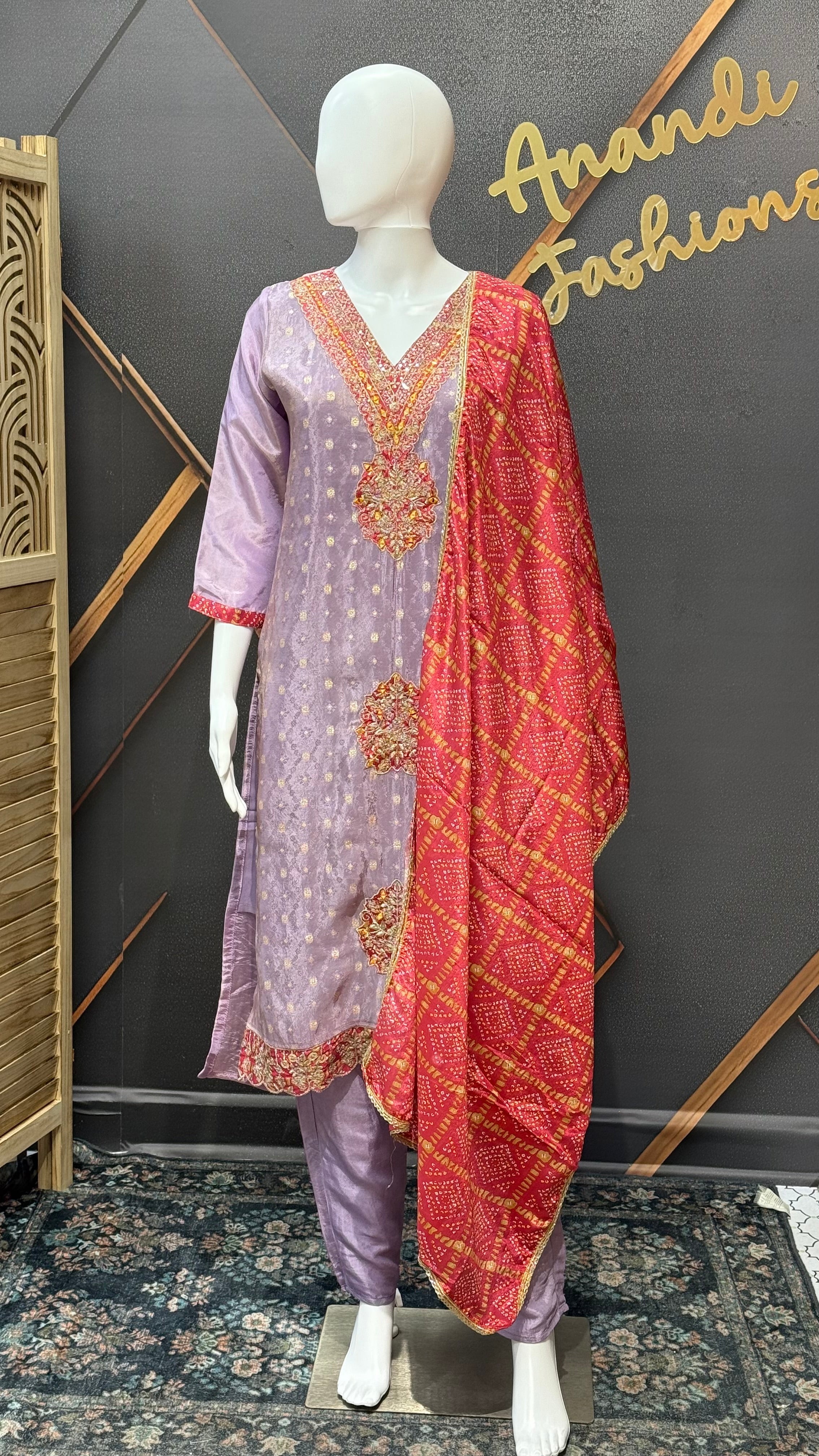 Lavender Kurti set with Bandhani Dupatta