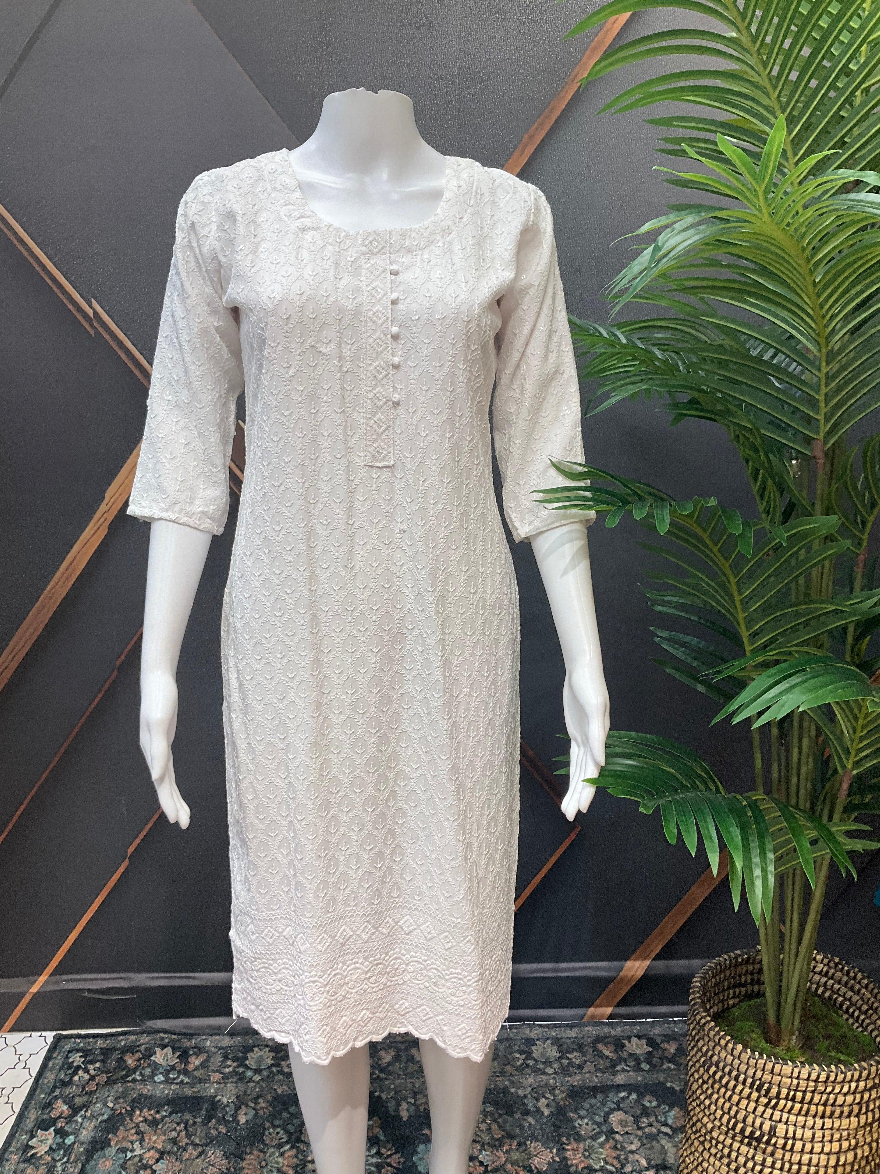 Soft Rayon White Chikankari Kurti with sequence