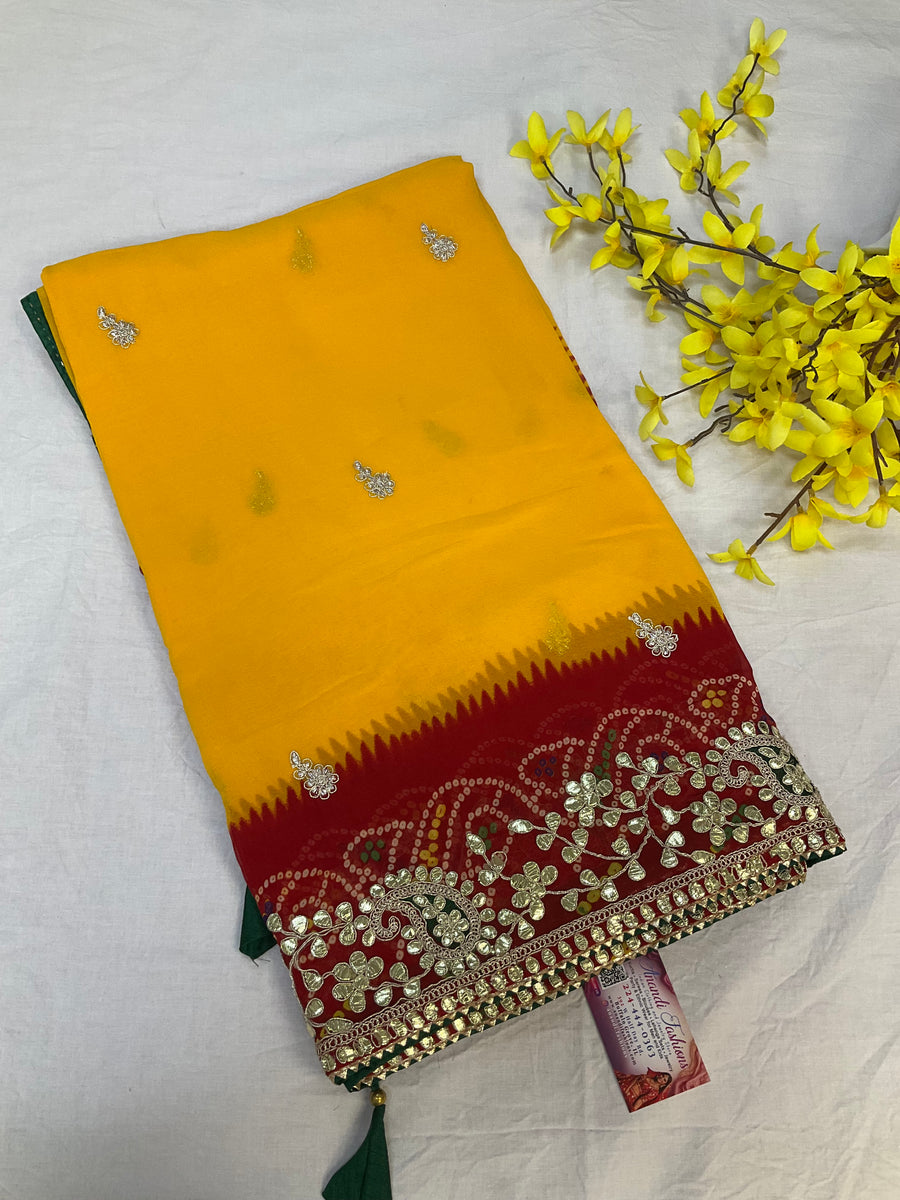 Yellow Georgette Bandhini saree