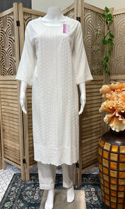 Plus Size White Rayon Chikankari Kurti Set - Size 48 (2-Piece)