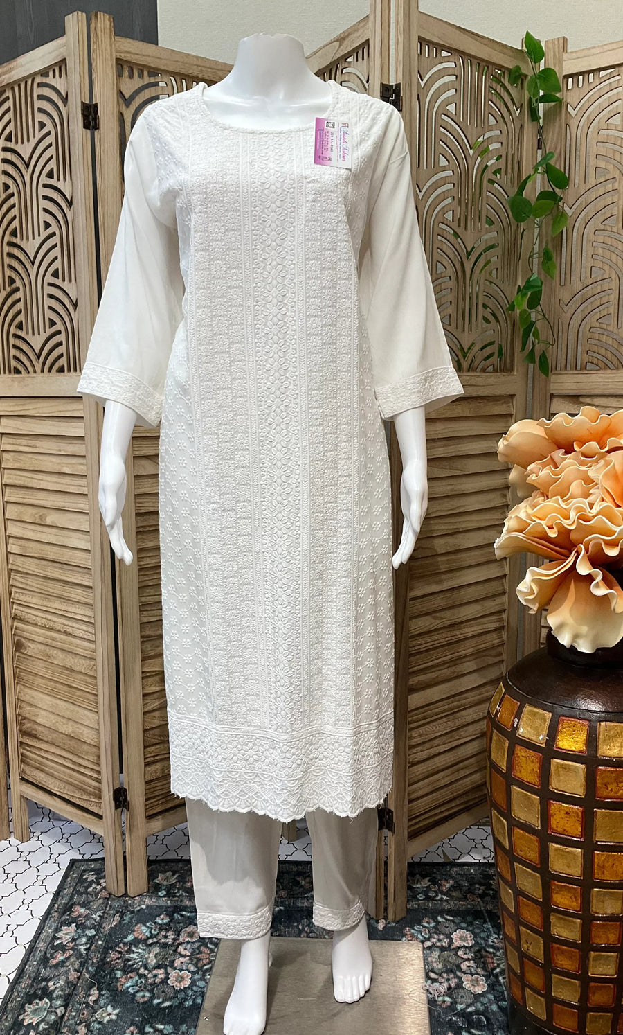 Plus Size White Rayon Chikankari Kurti Set - Size 48 (2-Piece)