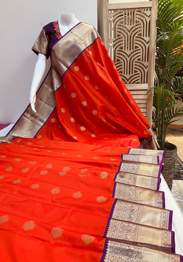 Semi Silk Red Saree with Work Stitched Blouse