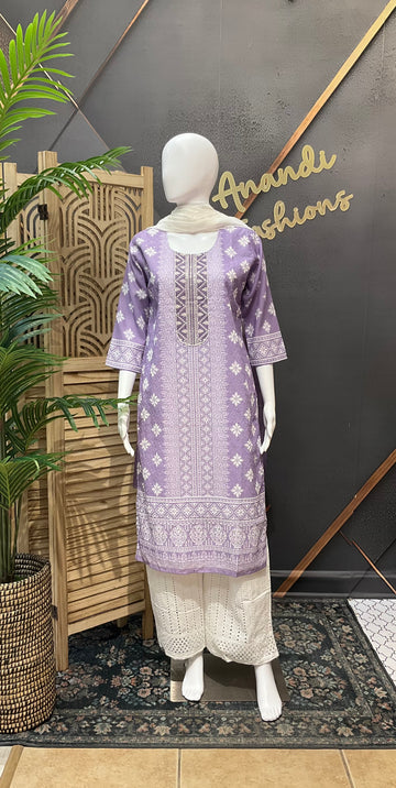 Lavender -Cotton Chikankari Kurti set