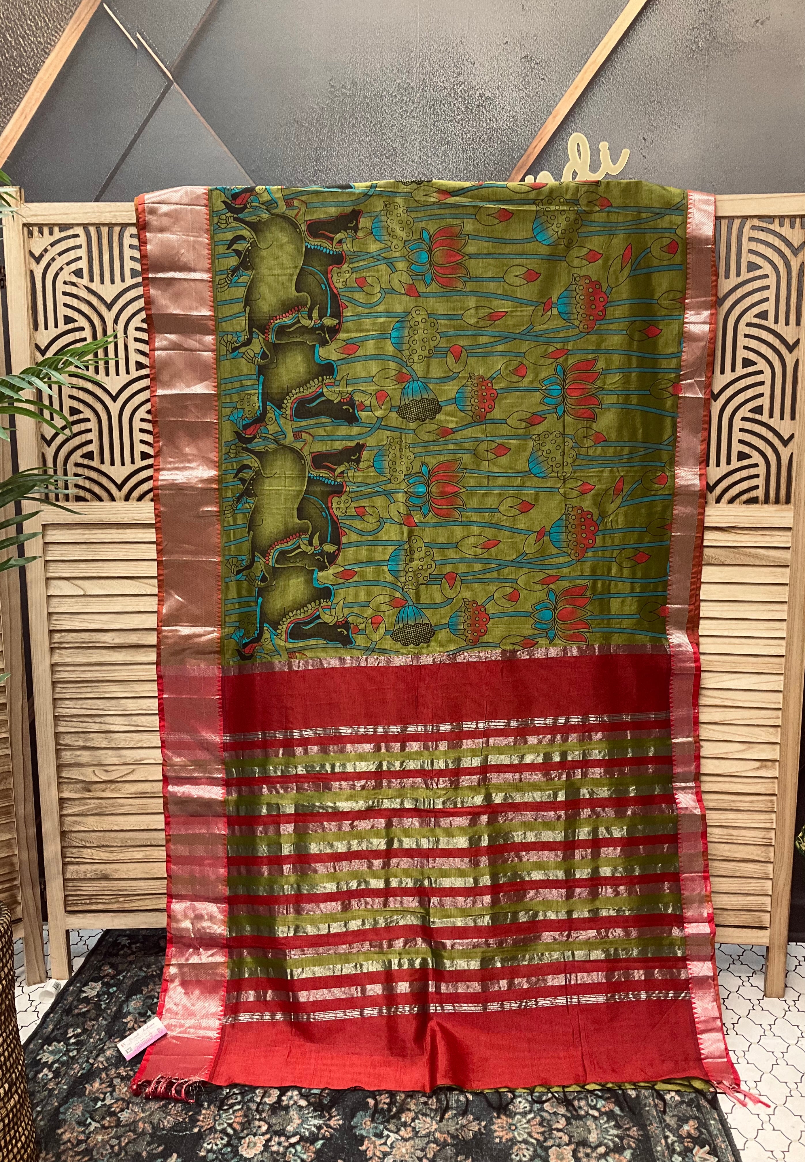 Green- Digital Print Mangalagiri Silk Saree