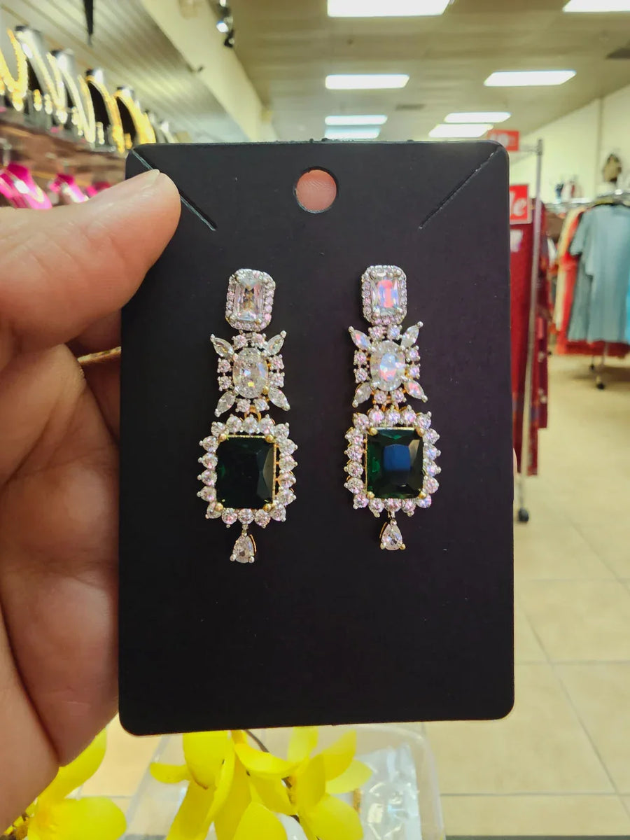 CZ Earrings - Gleaming Elegance CZ Earrings with Lush Emerald Stone
