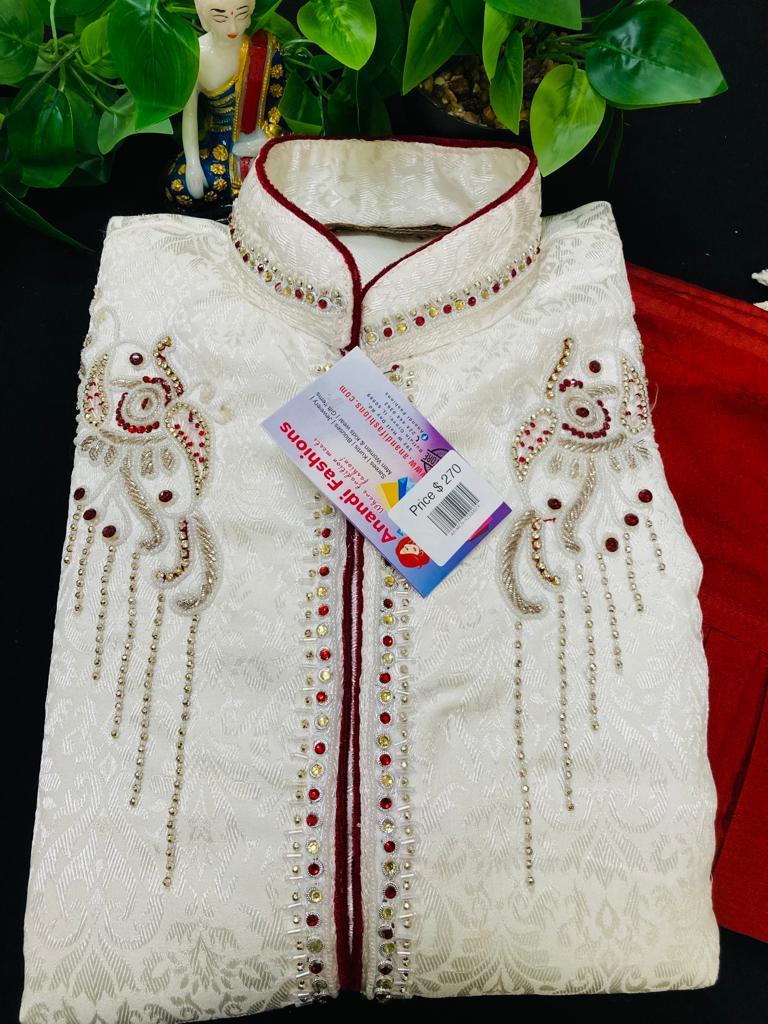 Mens Sherwani - Royal and Elegant White Sherwani with Jodhpuri Pants - Size 36