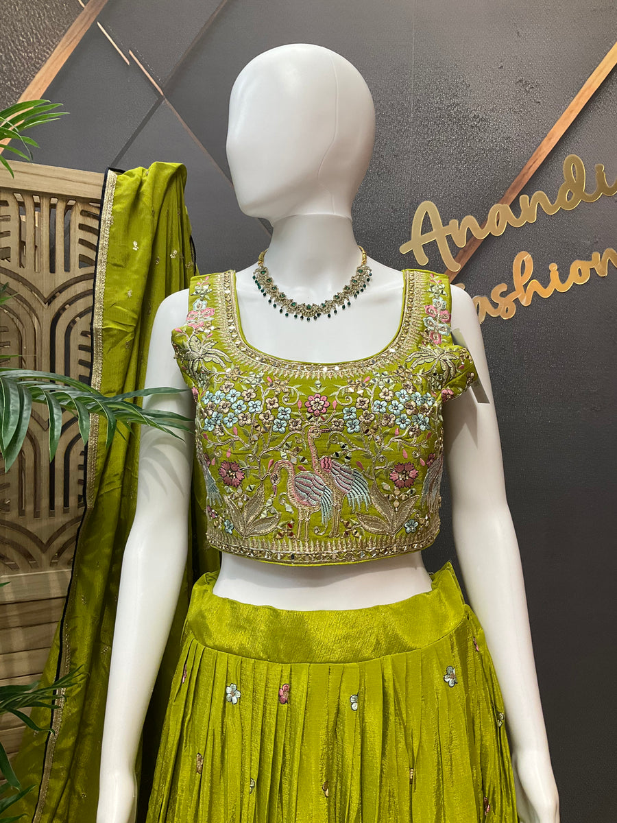 Women’s Lime Green Floral Embroidered Lehenga Choli with Dupatta