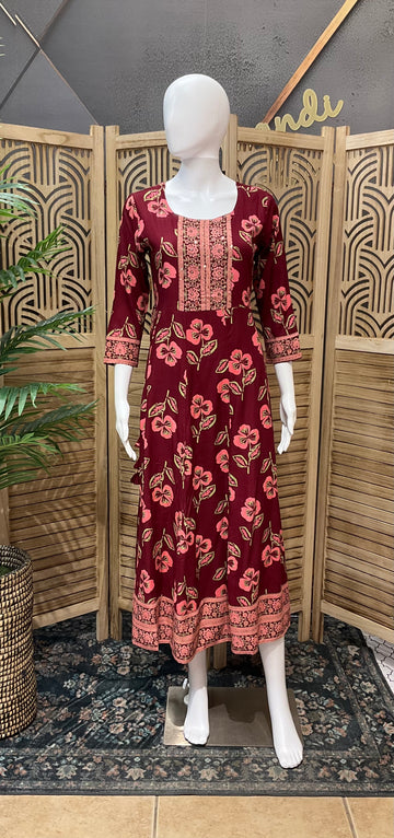 Pure Cotton - Red Floral long kurti