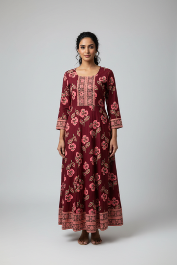 Pure Cotton - Red Floral long kurti