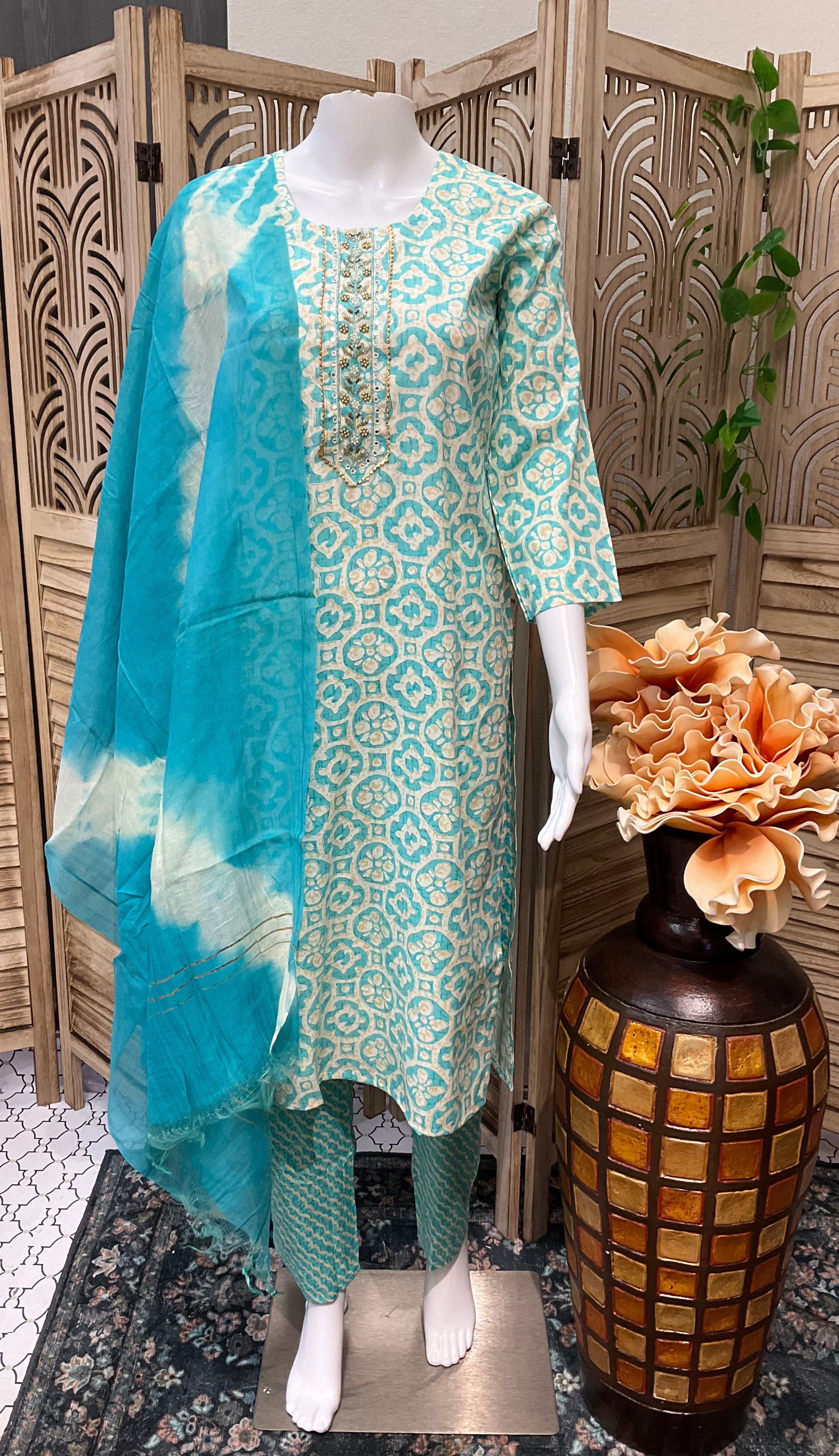 Plus Size - Pure Cotton Kurti set with bead embroidery work