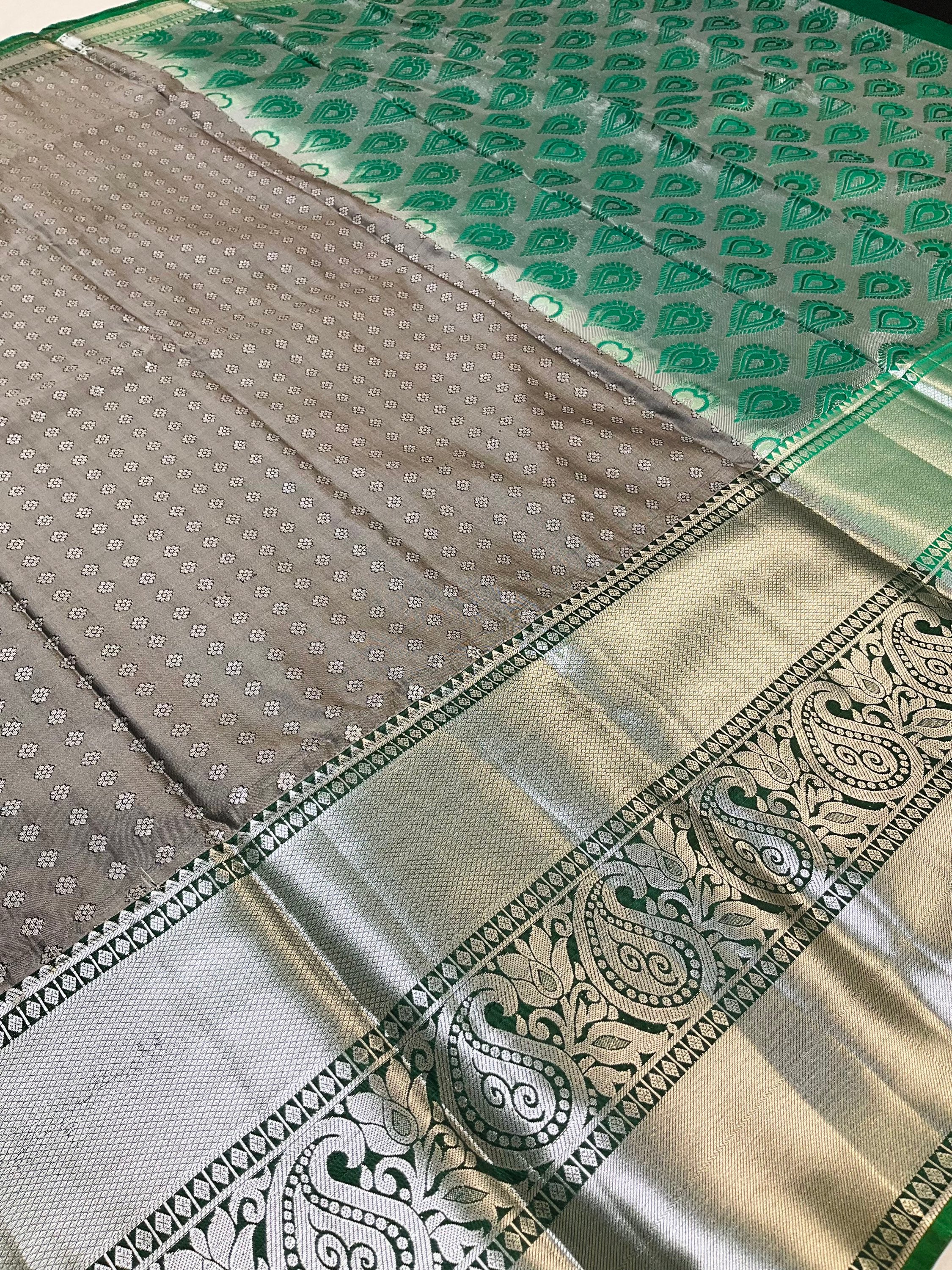 Grey and Green combination-Semi Silk Kanjeevaram Saree image 2