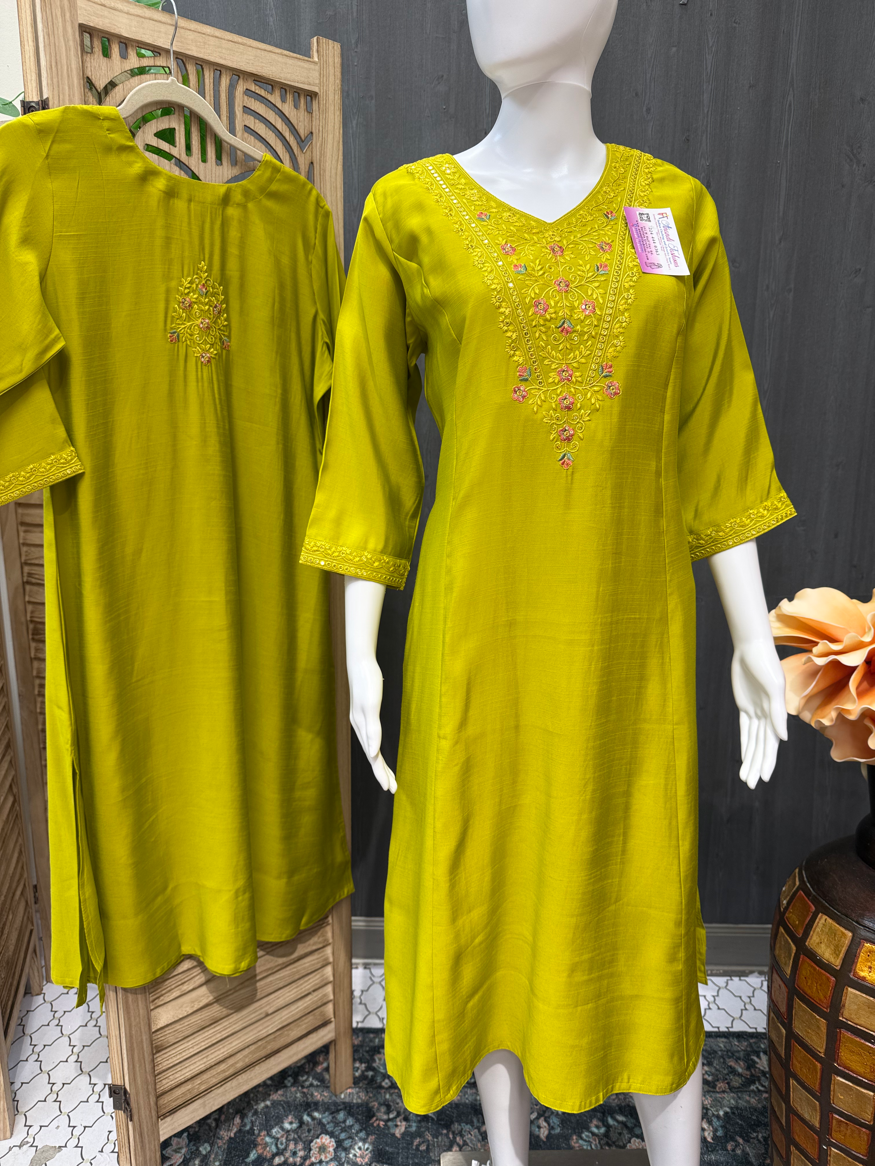 Premium Quality-Green Silk Kurti with Embroidery work image 0