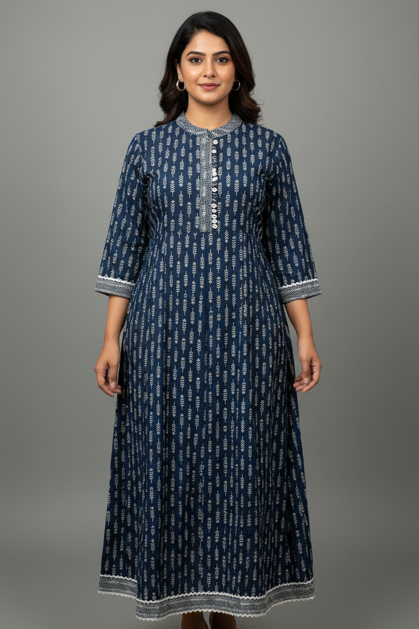 Plus Size Blue Anarkali Kurti - Size 48