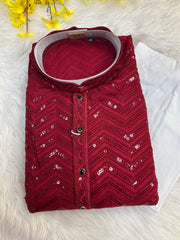 Plus Size Maroon Rayon Chikankari Men’s wear Kurta set