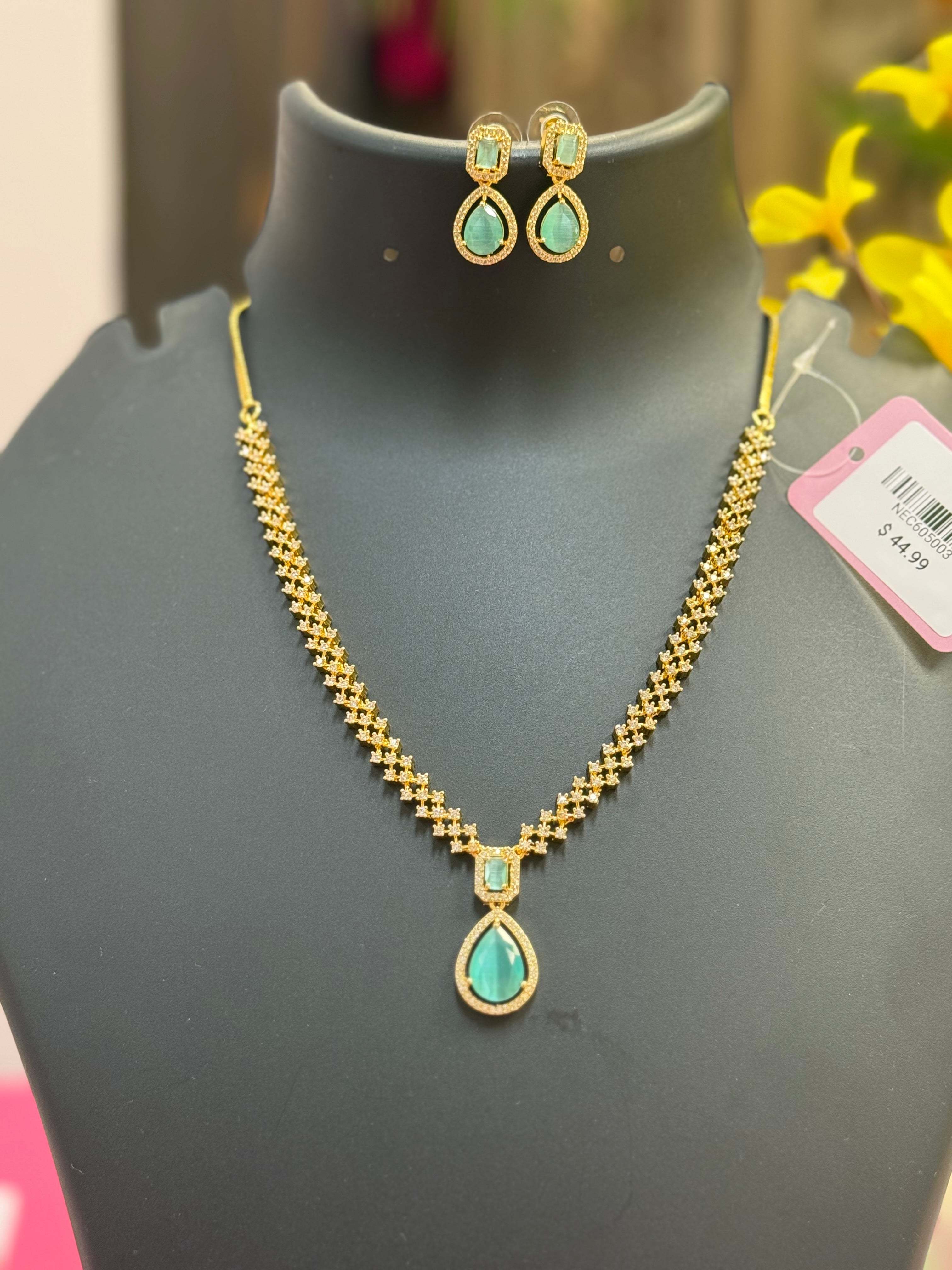 Micro Gold Polish CZ Necklace Set with Mint Green Stone