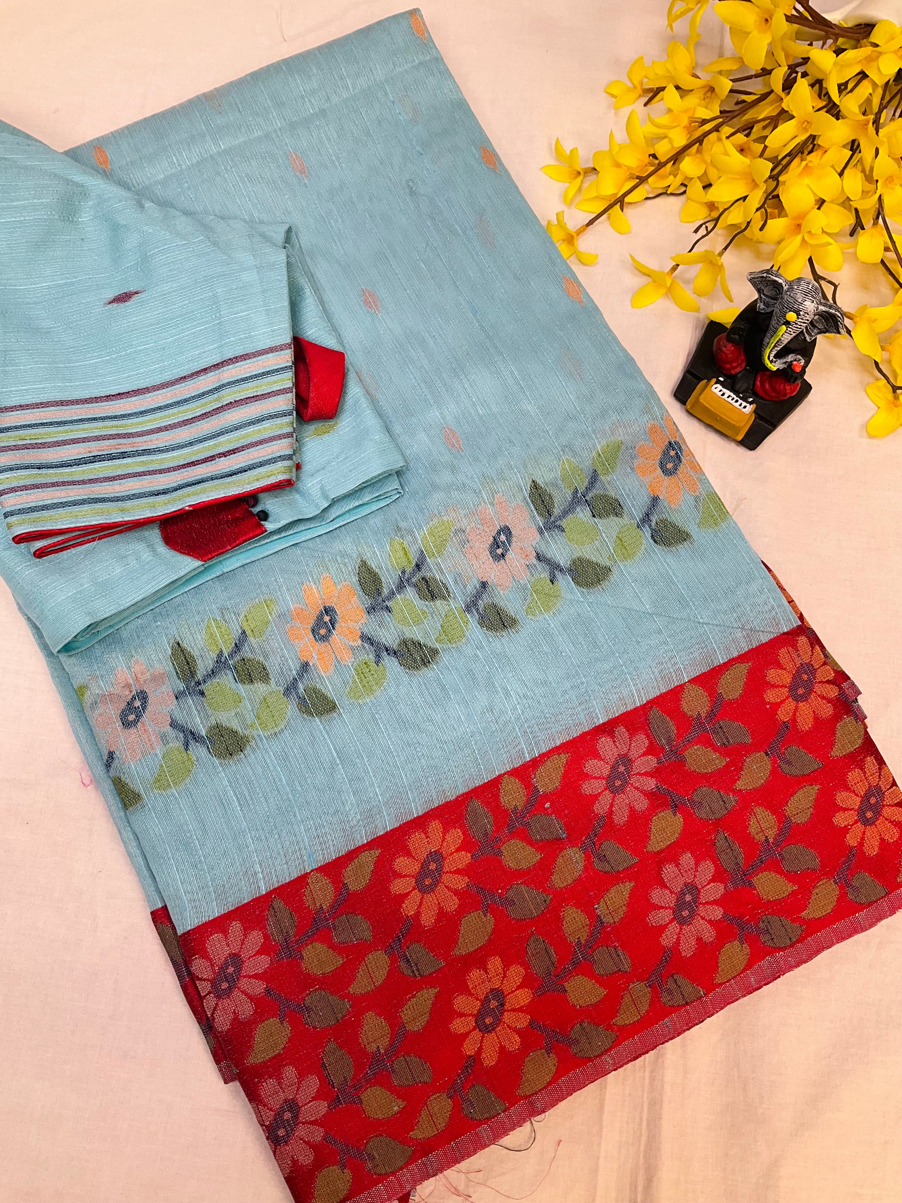 Blue-Lenin Jamdhani weaving Saree with Stitched blouse-fall pico done