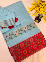 Blue-Lenin Jamdhani weaving Saree with Stitched blouse
