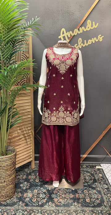 Wine Party Wear Sharara Set Size 40 - Glass Tissue with Embroidery