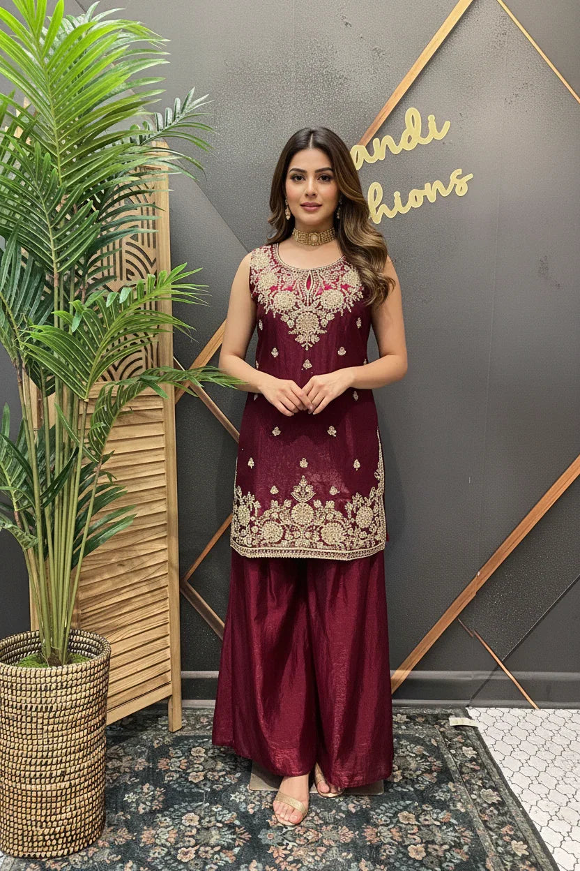 Wine Party Wear Sharara Set Size 40 - Glass Tissue with Embroidery