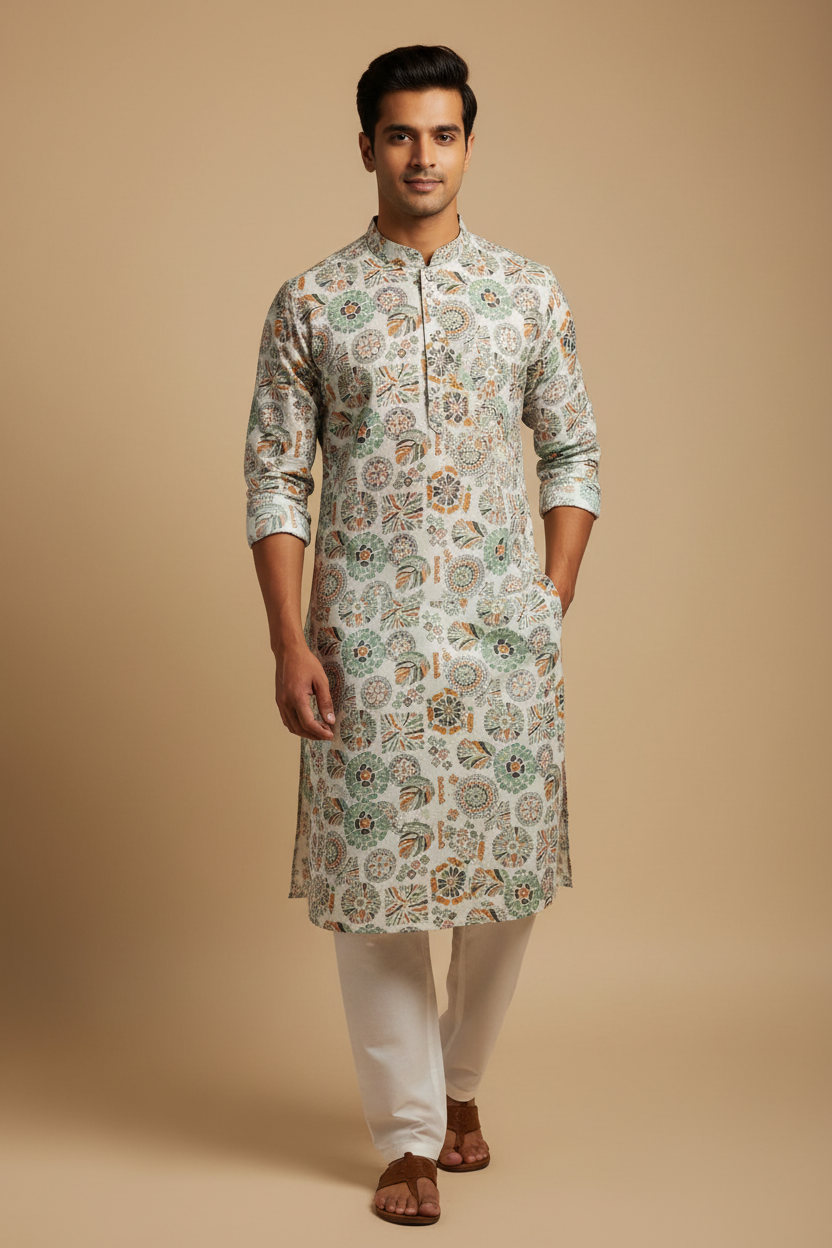 A man modeling a long-sleeved kurta with an intricate multicolor mandala pattern on a cream base, paired with white trousers and brown sandals, set against a solid beige studio background.