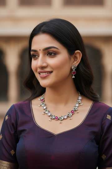Smiling woman wearing traditional Indian jewelry with ruby and pearl accents, in a purple ethnic blouse