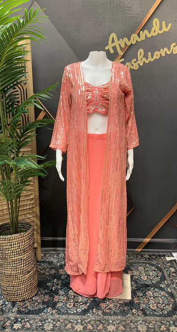 Indo Western Georgette Skirt Set with Embroidered Jacket - Thin Strap Blouse