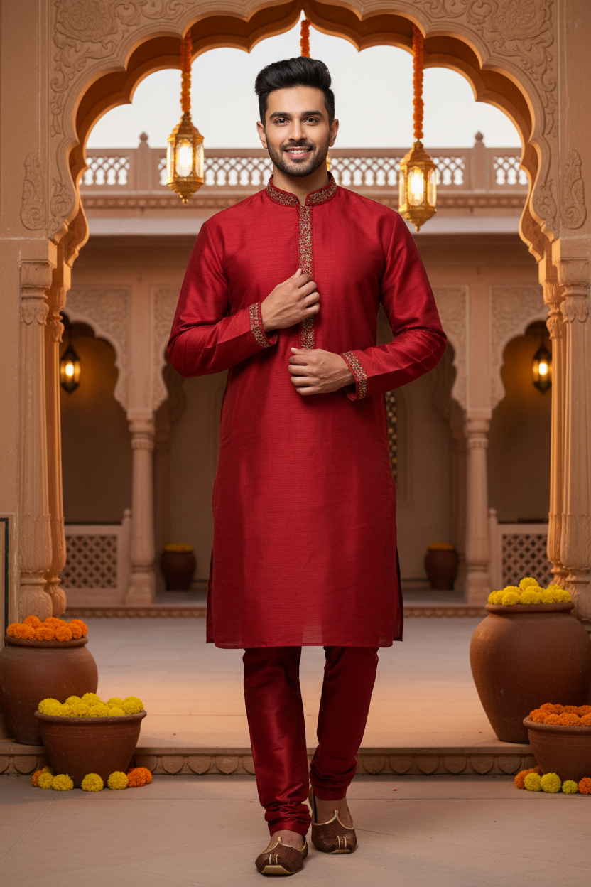 Men’s Maroon Silk Kurta Set - Mens - Kurta Set - Anandi Fashions