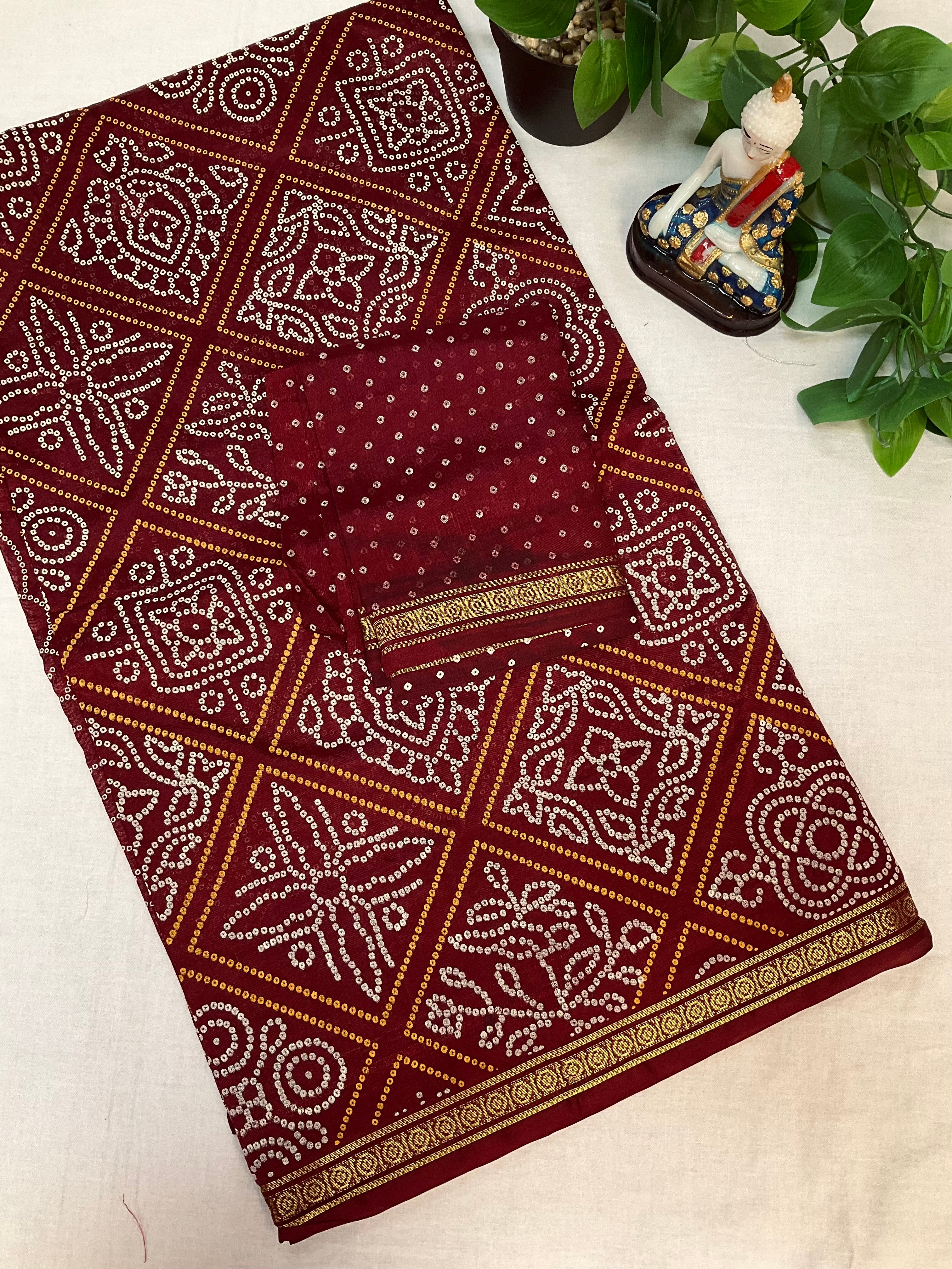 Bandhini print Maroon saree - fall pico done