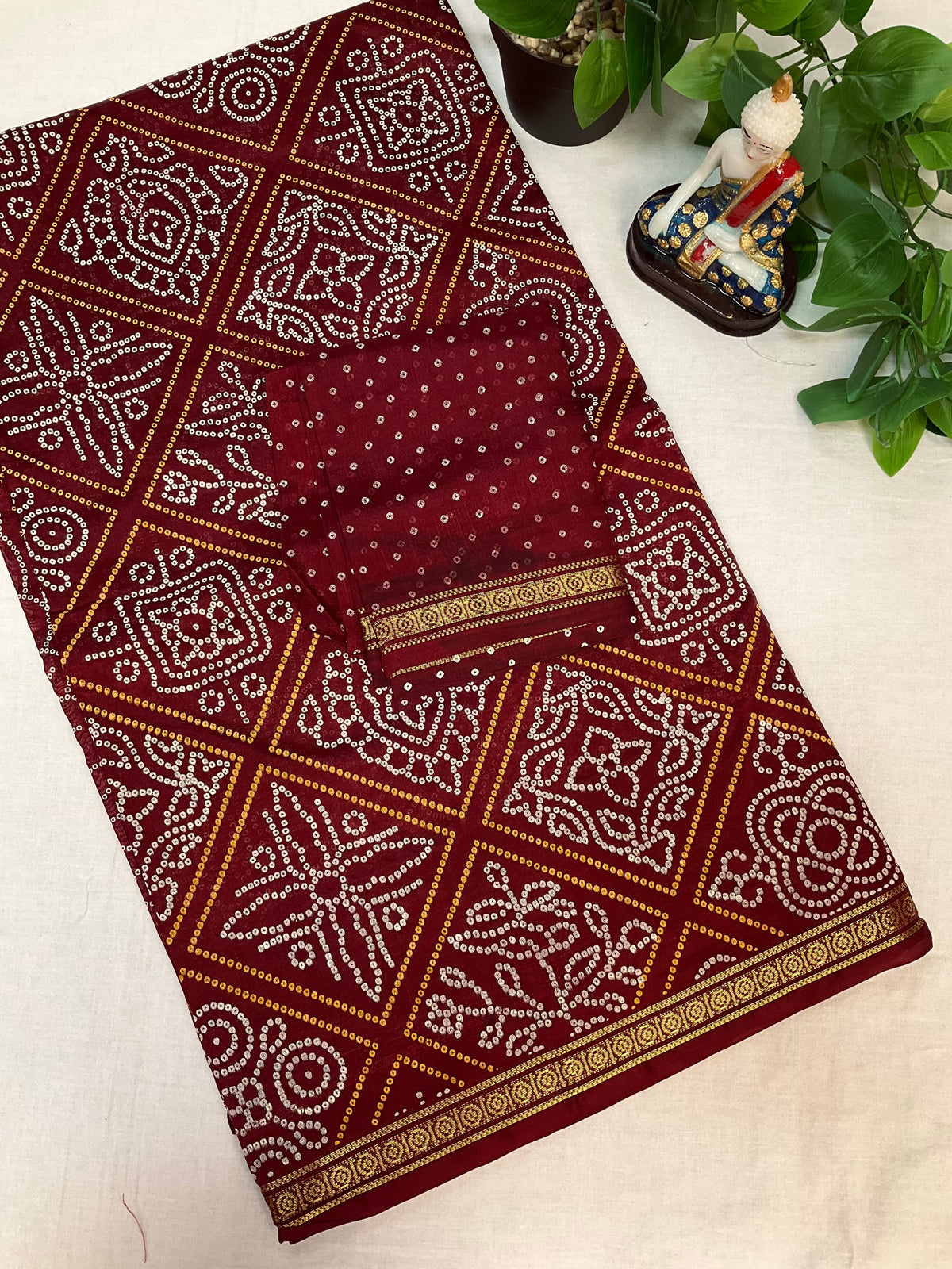 Bandhini print Maroon saree - fall pico done