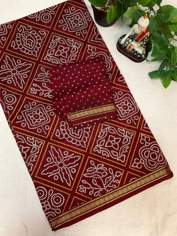 Bandhini print Maroon saree - fall pico done