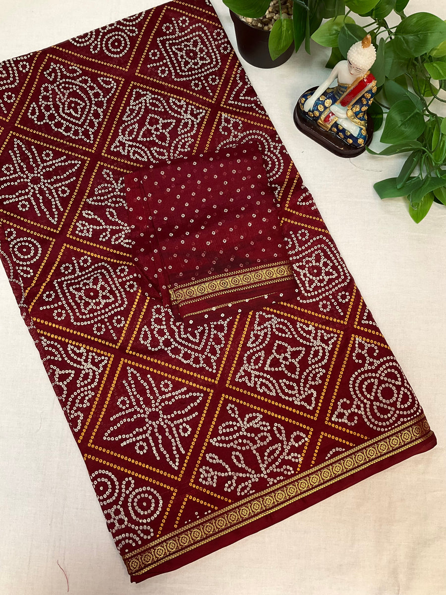 Bandhini Print Maroon Fall Pico Done Saree