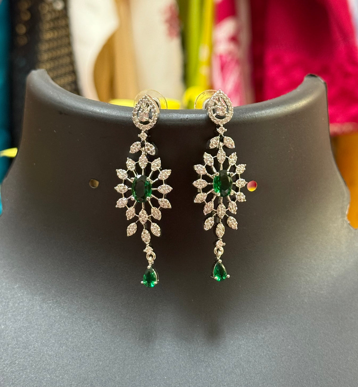 Silver Finish Necklace set with Emerald Stone