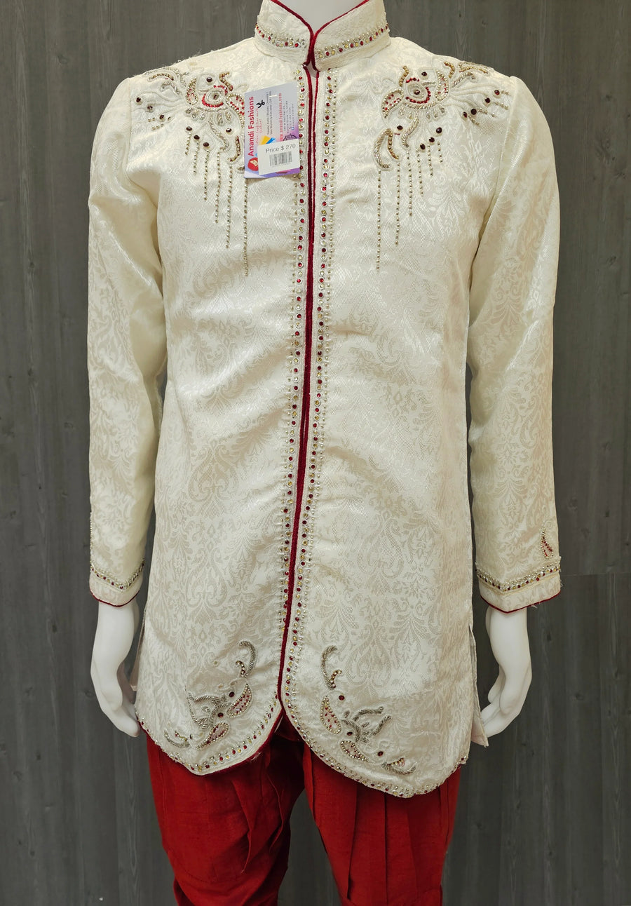 Mens Sherwani - Royal and Elegant White Sherwani with Jodhpuri Pants - Size 36